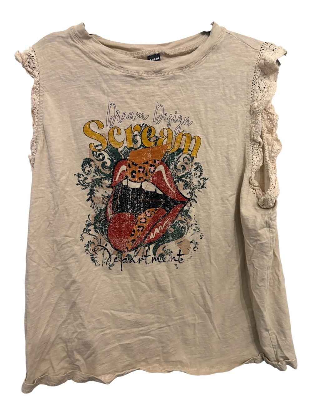 SHEIN Cream Graphic Lace-Trim Sleeveless Top with Red & Yellow Accent